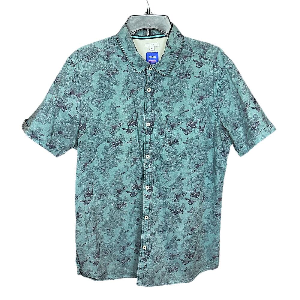 Jules Tropical Sketch Floral Short Sleeve Button Up Slim Fit Shirt—Teal/Navy—XL